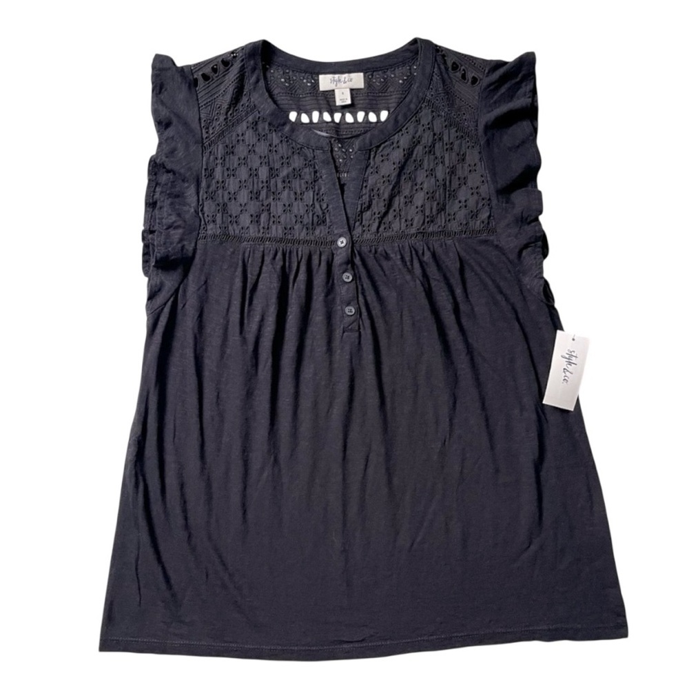 Style & Co. Eyelet Flutter Sleeve Black Top - Picture 2 of 6